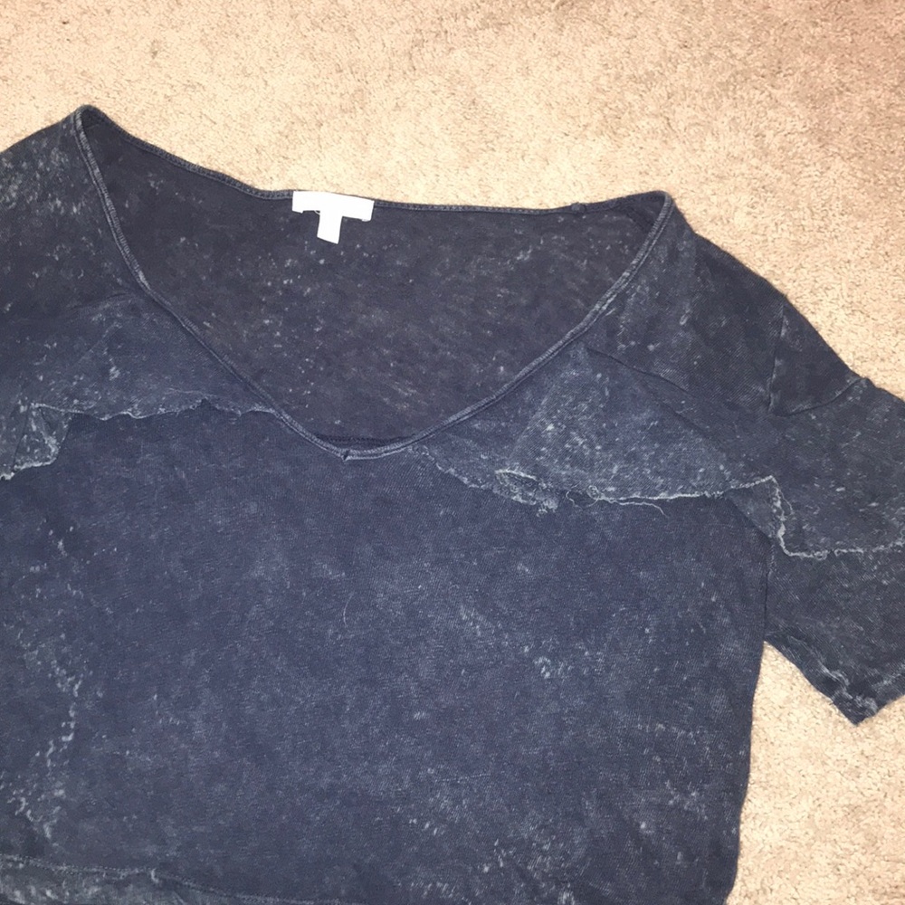 Scoop V Neck Ruffled Distressed Navy Top - Picture 2 of 4